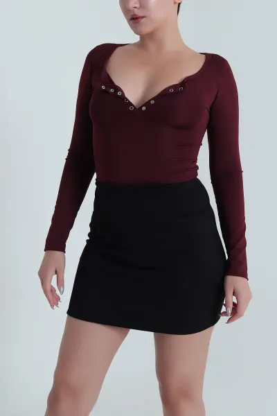 Bordo Çıtçıt Yaka Dalgıç Kadın Zıbın Bluz 482762