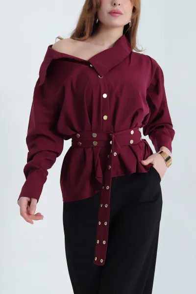 Bordo Çıtçıtlı Kayık Yaka Bayan Poplin Gömlek 337810