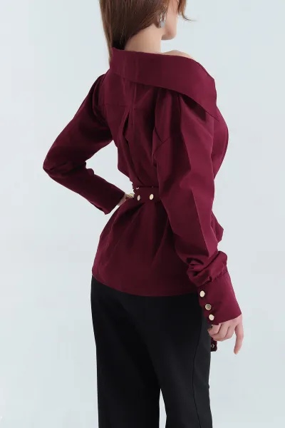 Bordo Çıtçıtlı Kayık Yaka Bayan Poplin Gömlek 337810