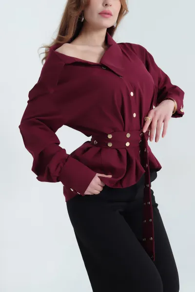 Bordo Çıtçıtlı Kayık Yaka Bayan Poplin Gömlek 337810
