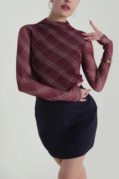 Bordo Çizgi Desenli Kadın Tül Bluz 425693