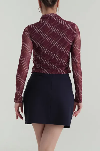 Bordo Çizgi Desenli Kadın Tül Bluz 425693