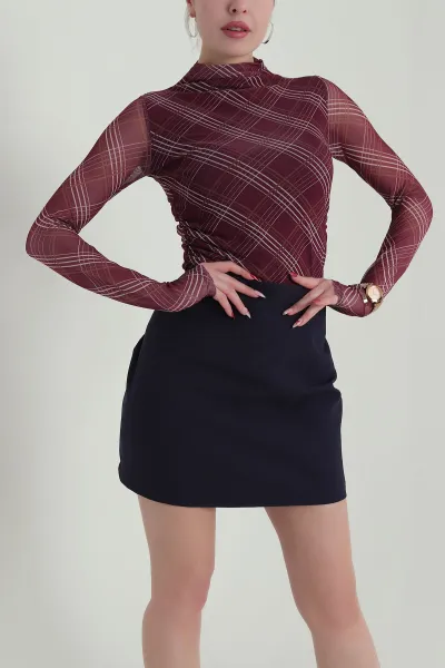 Bordo Çizgi Desenli Kadın Tül Bluz 425693