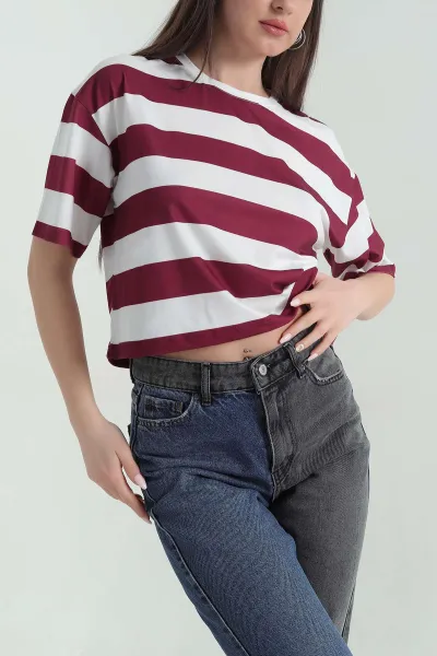 bordo-cizgili-bisiklet-yaka-suprem-kadin-tisort-351645