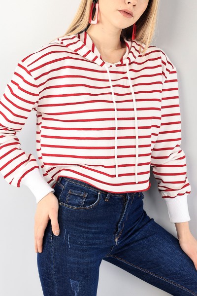 Bordo Çizgili Kapüşonlu Bayan Sweat 90460
