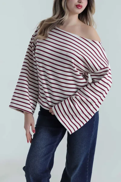 Bordo Çizgili Kayık Yaka Modal Kadın Bluz 499863