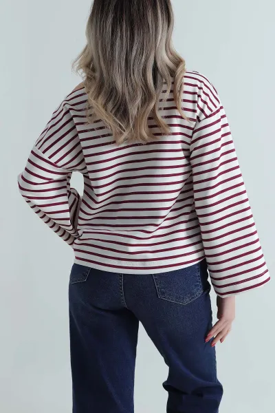 Bordo Çizgili Kayık Yaka Modal Kadın Bluz 499863