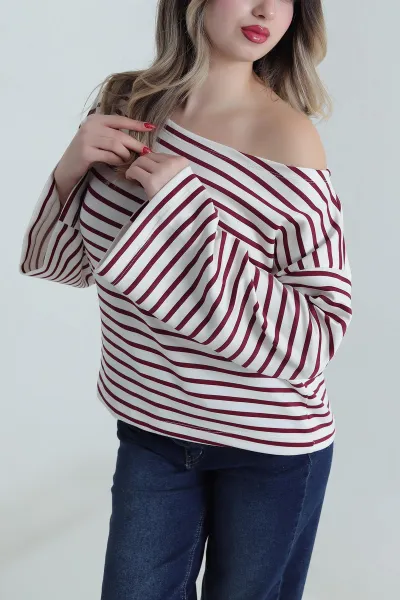 Bordo Çizgili Kayık Yaka Modal Kadın Bluz 499863