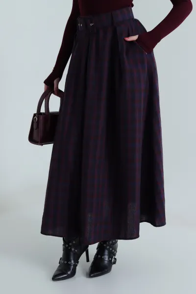 Bordo Çizgili Kemerli Yeni Sezon Kadın Etek 497603