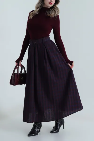 Bordo Çizgili Kemerli Yeni Sezon Kadın Etek 497603