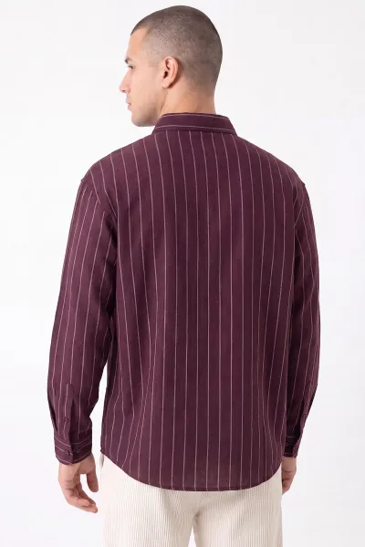 Bordo Çizgili Keten Uzun Kol Erkek Gömlek 471848