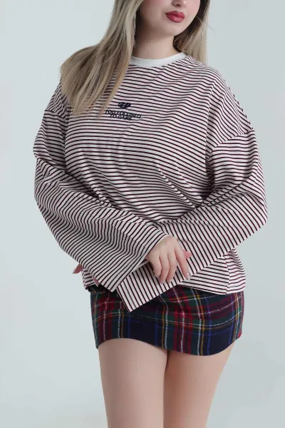 Bordo Çizgili Önü Nakışlı Kadın Bluz 490326