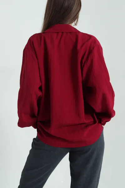 Bordo Çizgili Oversize Dokuma GÖmlek 337016