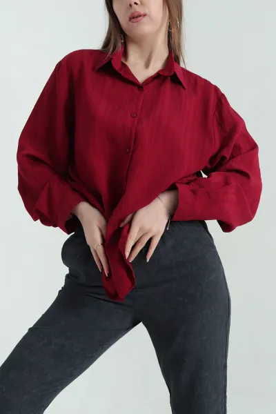 Bordo Çizgili Oversize Dokuma GÖmlek 337016