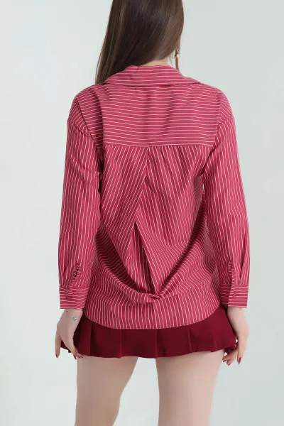 Bordo Çizgili Oversize Poplin Kumaş Gömlek 336467