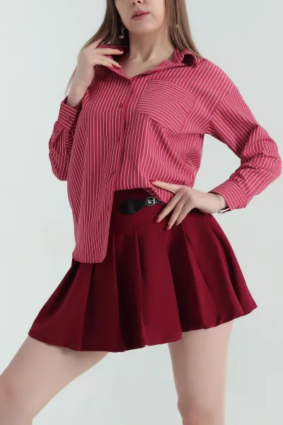 Bordo Çizgili Oversize Poplin Kumaş Gömlek 336467