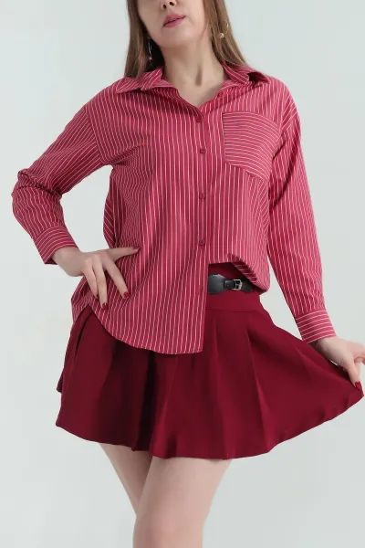 Bordo Çizgili Oversize Poplin Kumaş Gömlek 336467