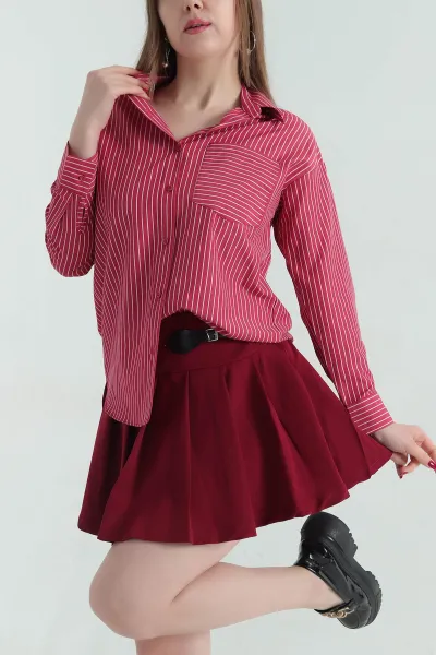 Bordo Çizgili Oversize Poplin Kumaş Gömlek 336467