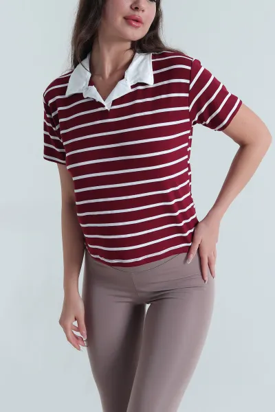 Bordo Çizgili Polo Yaka Kadın Tişört 463660