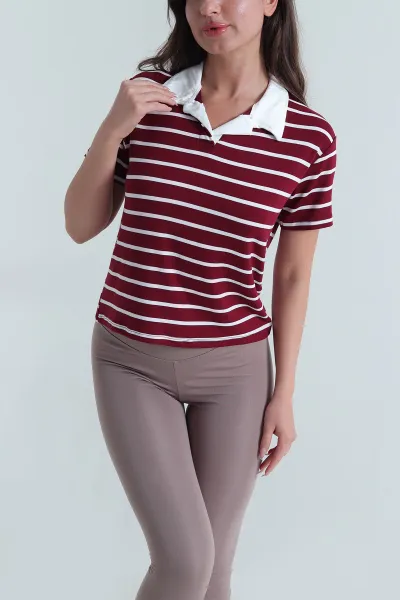 Bordo Çizgili Polo Yaka Kadın Tişört 463660