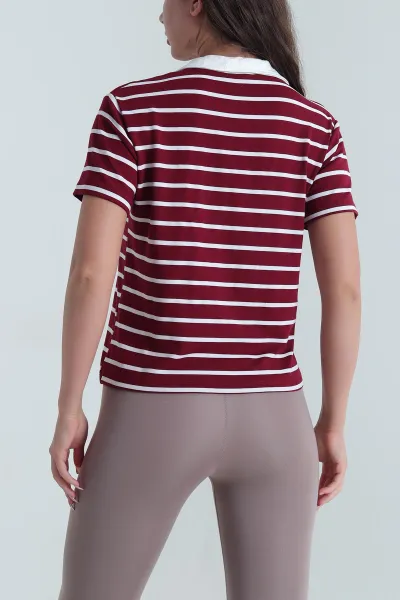 Bordo Çizgili Polo Yaka Kadın Tişört 463660