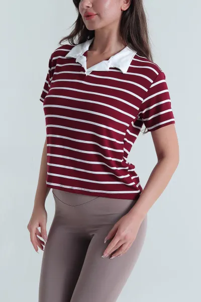Bordo Çizgili Polo Yaka Kadın Tişört 463660