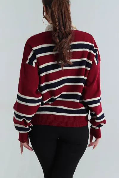 Bordo Çizgili Polo Yaka Kadın Triko Kazak 403716