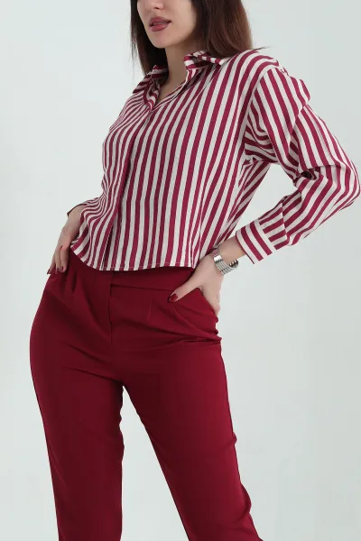 Bordo Çizgili Poplin Bayan Gömlek 336691