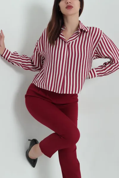 Bordo Çizgili Poplin Bayan Gömlek 336691