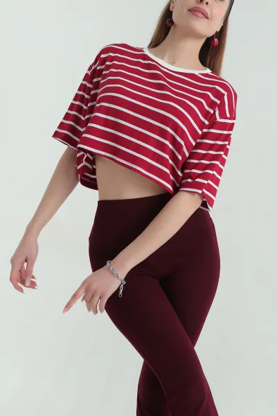 Bordo Çizgili Süprem Kadın Crop Bluz 357445