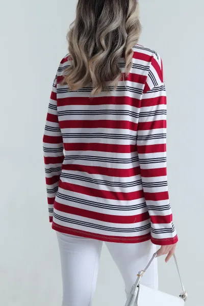 Bordo Çizgili Viskon Kadın Bluz 491252