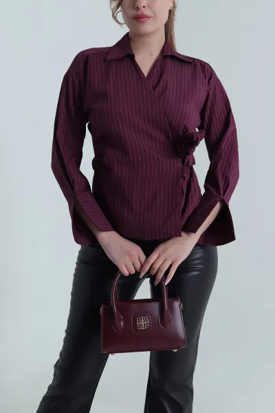 Bordo Çizgili Viskon Kadın Gömlek 485583