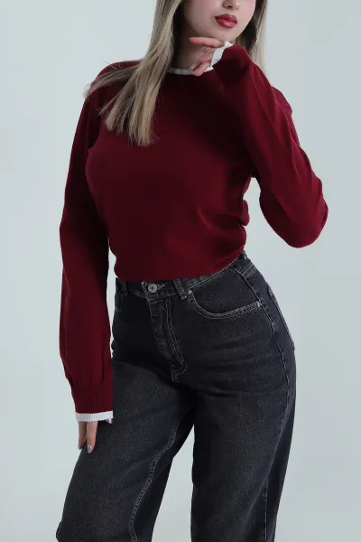 Bordo Corspan Lastikli Çift Yaka Kadın Triko Kazak 488316