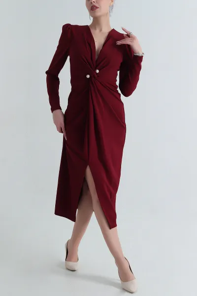 Bordo Crep Kruvaze Yaka İğneli Abiye 397554