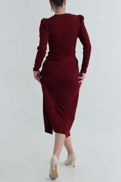 Bordo Crep Kruvaze Yaka İğneli Abiye 397554