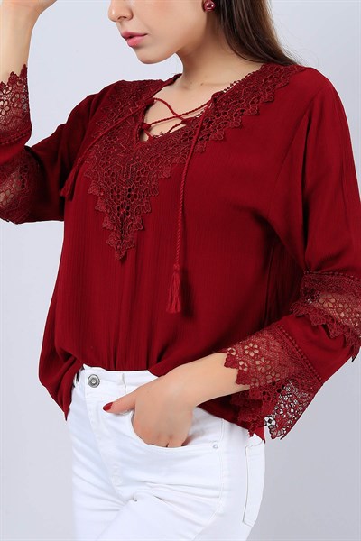 Bordo Dantel Detaylı Bayan Bluz 15030B