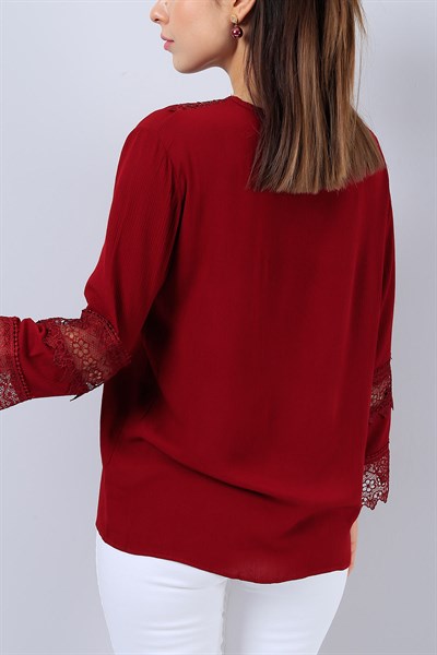 Bordo Dantel Detaylı Bayan Bluz 15030B