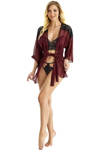 Bordo Dantel Detaylı Seksi Mini Fantezi Gecelik 338015