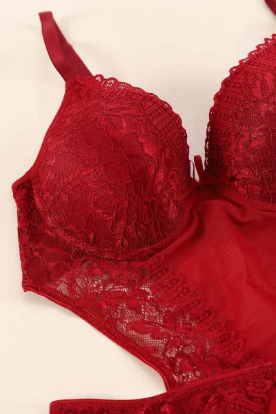 Bordo Dantel İşlemeli Desteksiz Bodysuit 380094