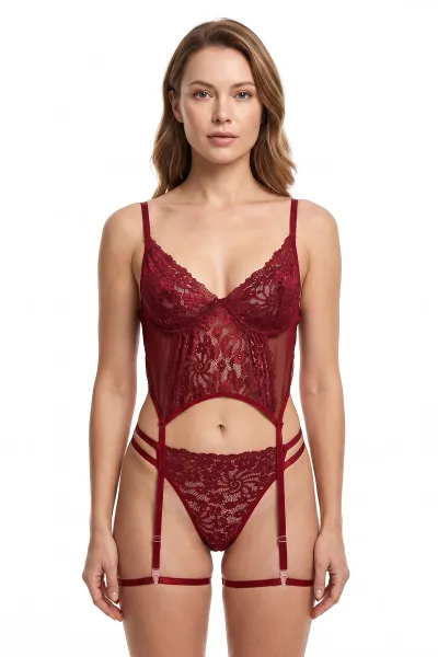 Bordo Dantel İşlemeli Seksi Fantezi Kostüm 475757