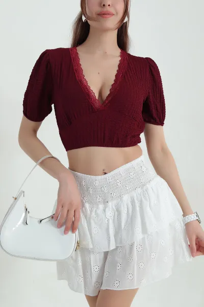 Bordo Dantel Yaka Gofre Kadın Bluz 364003