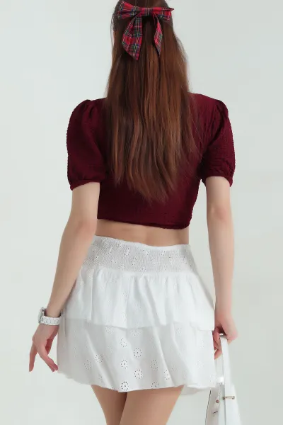 Bordo Dantel Yaka Gofre Kadın Bluz 364003