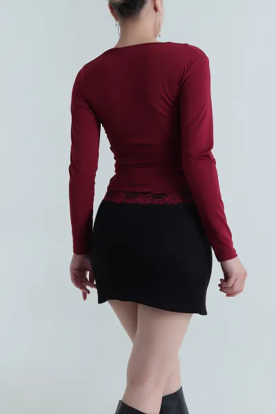 Bordo Dantelli Bağlamalı Scuba Kadın Bluz 483715