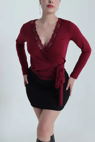 Bordo Dantelli Bağlamalı Scuba Kadın Bluz 483715