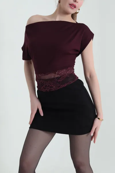 Bordo Dantelli Geniş Yaka Kadın Oysho Bluz 432436