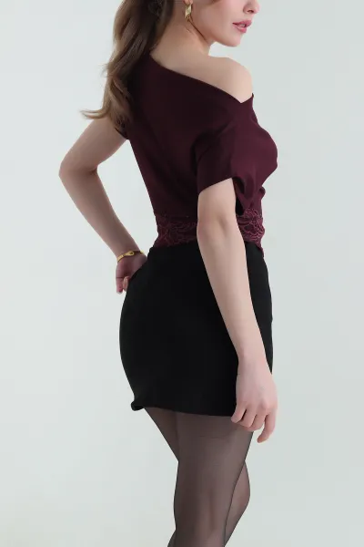 Bordo Dantelli Geniş Yaka Kadın Oysho Bluz 432436