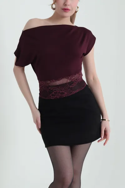 Bordo Dantelli Geniş Yaka Kadın Oysho Bluz 432436