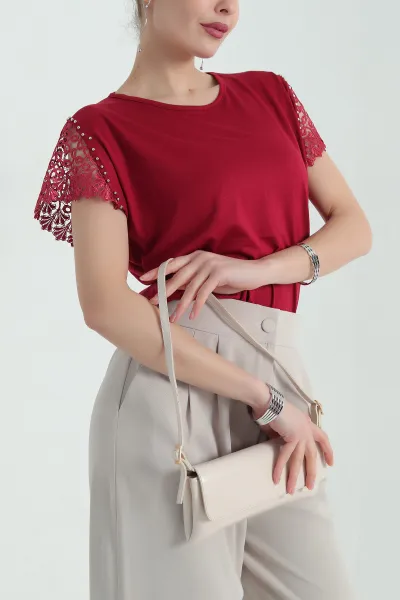 Bordo Dantelli İncili Çilek Bluz 334541