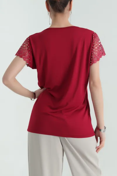 Bordo Dantelli İncili Çilek Bluz 334541