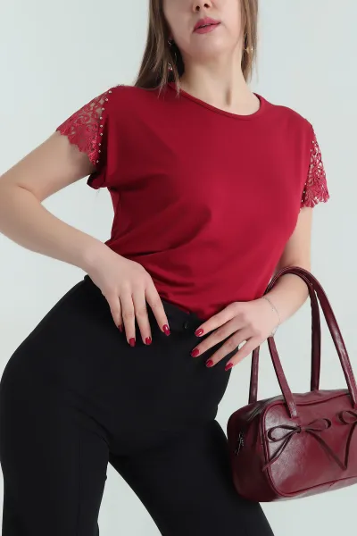 Bordo Dantelli İncili Kol Viskon Bluz 336415
